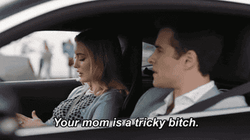woman sitting in car telling boyfriend &quot;your mom is a tricky bitch&quot;