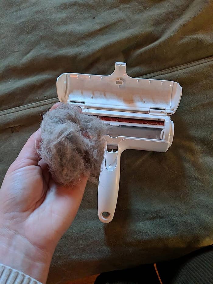 Reviewer&#x27;s photo of pet hair remover with hair inside.