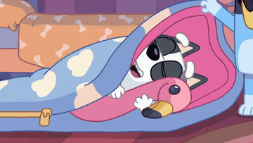 A cartoon dog sleeping in a sleeping bag cuddling a stuffed flamingo