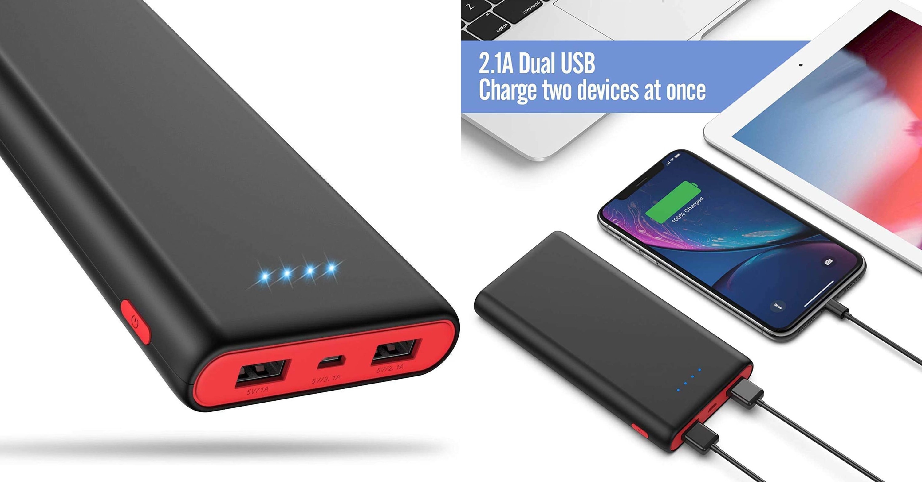 Split image of black charger with red accents and four lights next to an example of the devices it can charge simultaneously