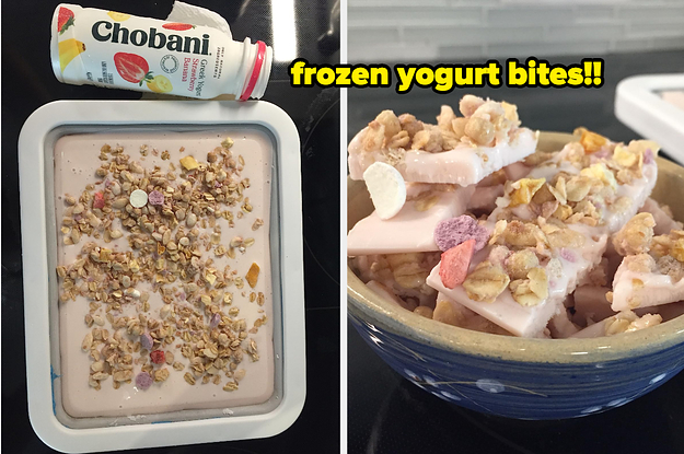 a tray filled with frozen yogurt and various nuts and toppings / a bowl filled with the frozen bites cut into squares