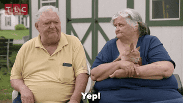 An old couple sitting down and one of them saying, &quot;Yep!&quot;