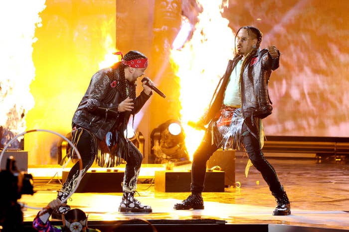 Darren &#x27;Young D&#x27; Metz and Quinton &#x27;Yung Trybez&#x27; Nyce of Snotty Nose Rez Kids perform onstage during the 2022 JUNO Awards Broadcast at Budweiser Stage on May 15, 2022 in Toronto, Ontario.