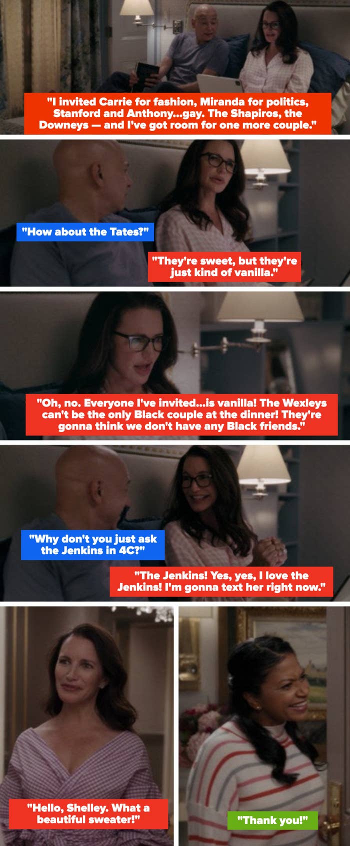 Harry and Charlotte in bed talking about how they don't have any Black friends, then Charlotte asking her neighbor, Shelley, to the dinner party the next day