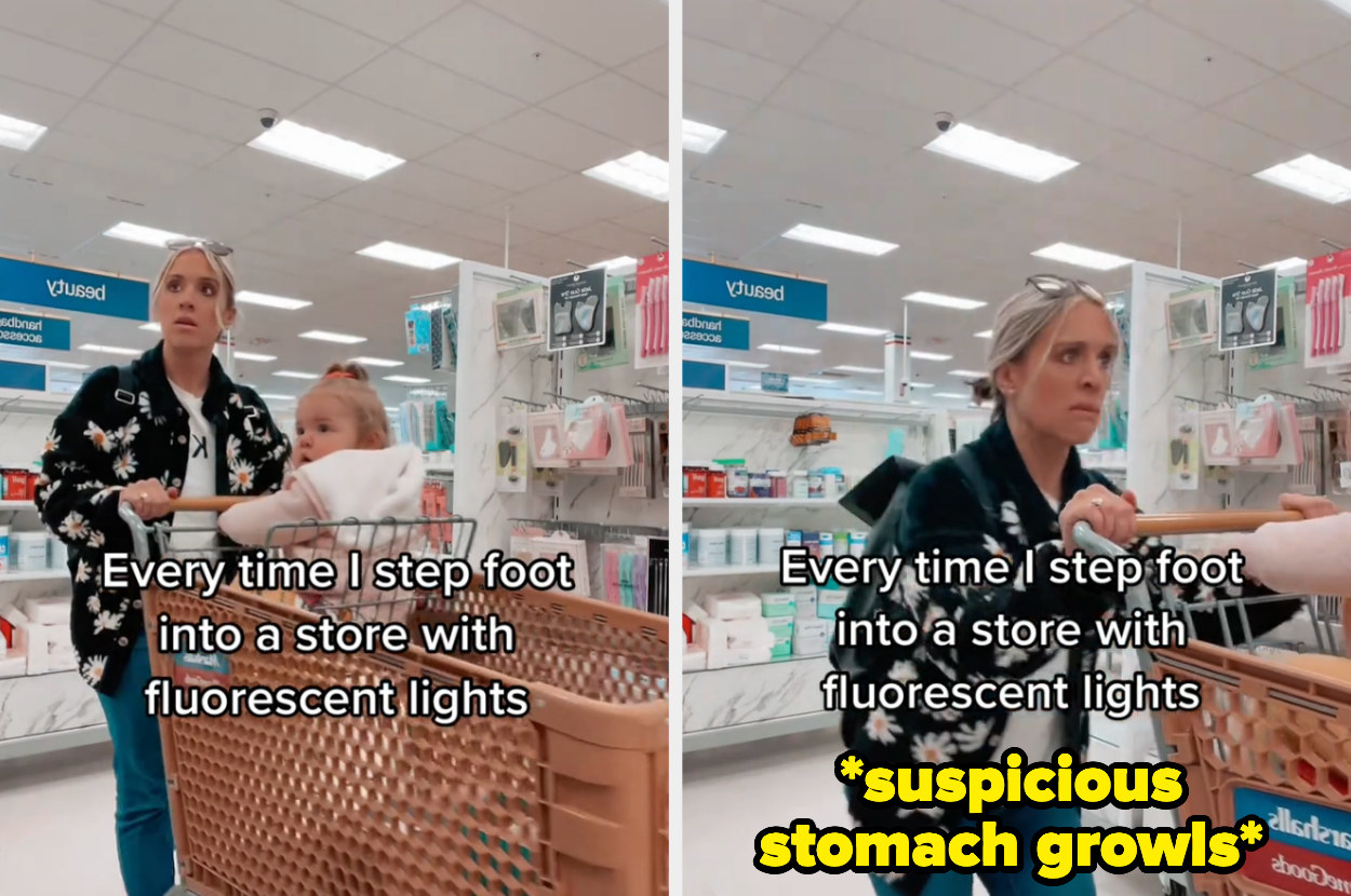 @theverymarylife walking around Marshalls with the caption, &quot;Every time I step foot into a store with fluorescent lights&quot; followed by an overlaid sound of someone&#x27;s stomach growling