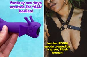 Hand holding purple fantasy vibrator and model wearing black leather chest harness?