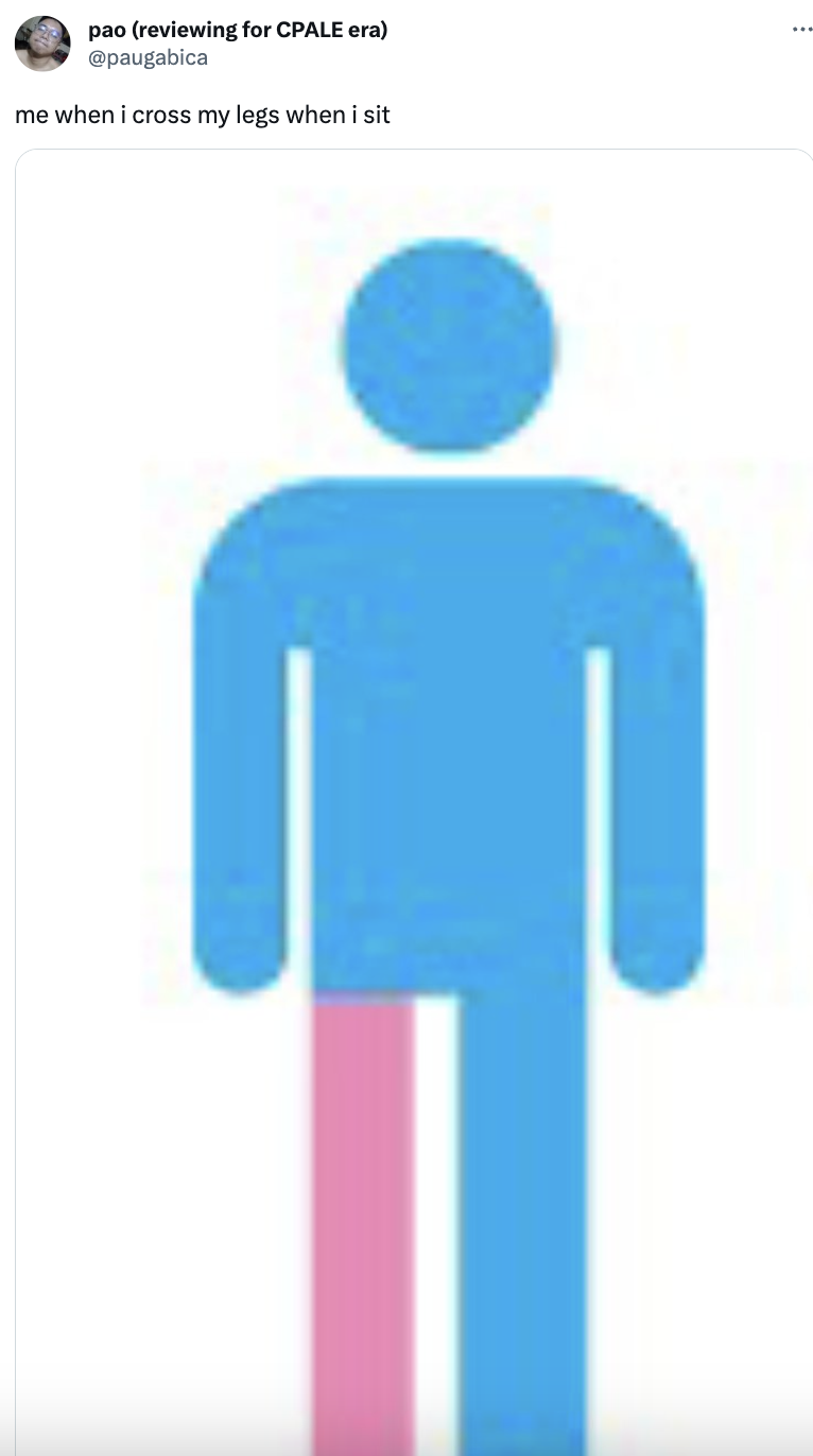 blue male graphic with one pink leg: when i cross my legs when i sit