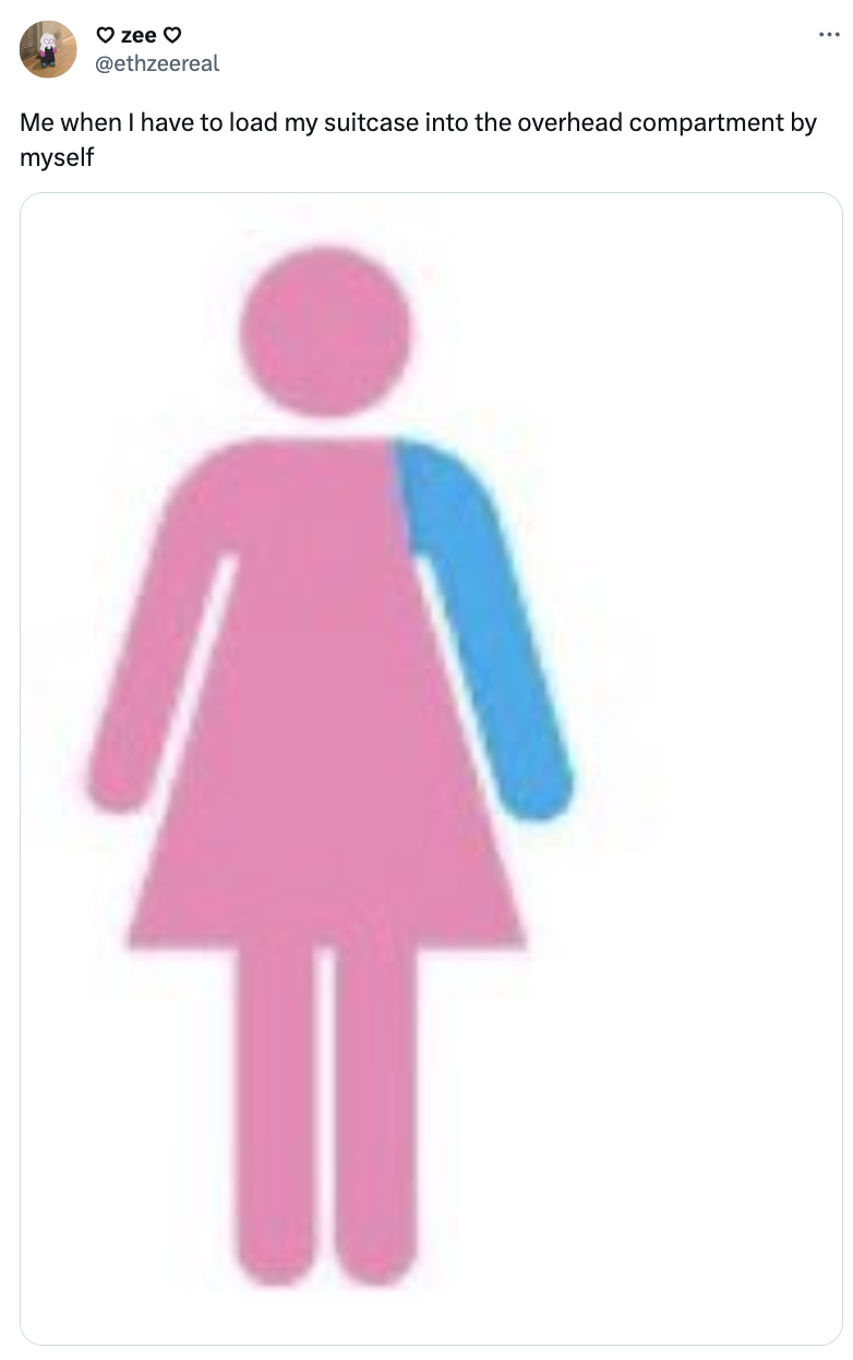 pink female graphic with a blue arm: when i have to load my suitcase into the overhead compartment by myself
