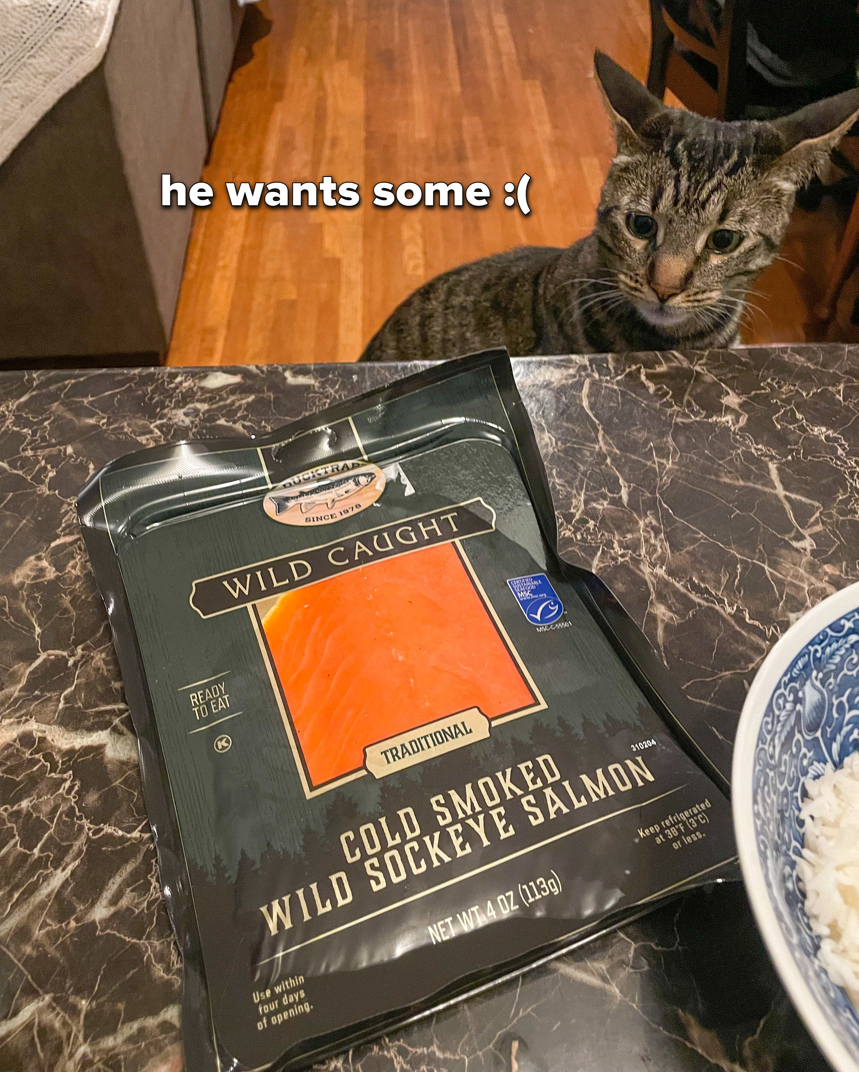 A package of smoked salmon on a countertop. A very cute cat on a stool is eyeing the package sneakily
