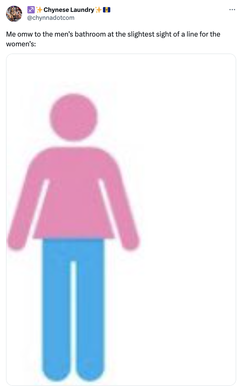 pink female graphic with blue feet: when i go to the men&#x27;s restroom anytime there&#x27;s a line for the women&#x27;s