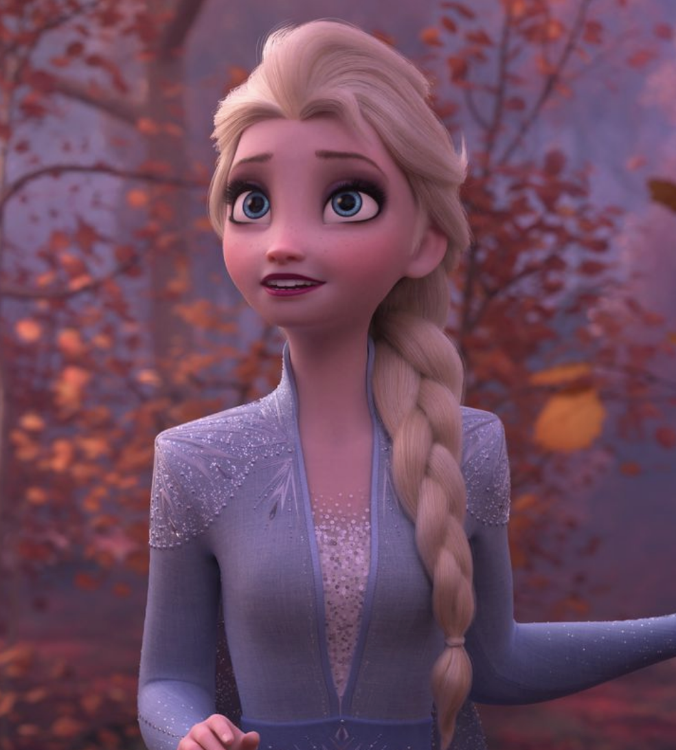 Elsa with her white hair and blue dress