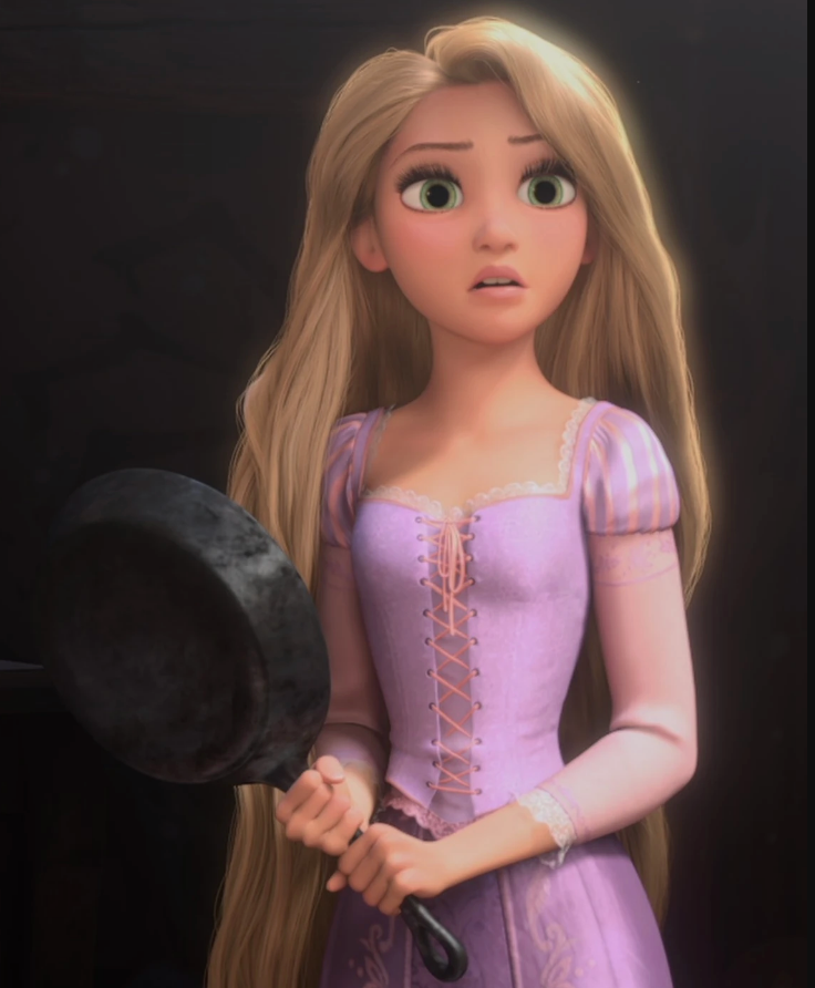 Rapunzel with long, blonde hair, holding a frying pan