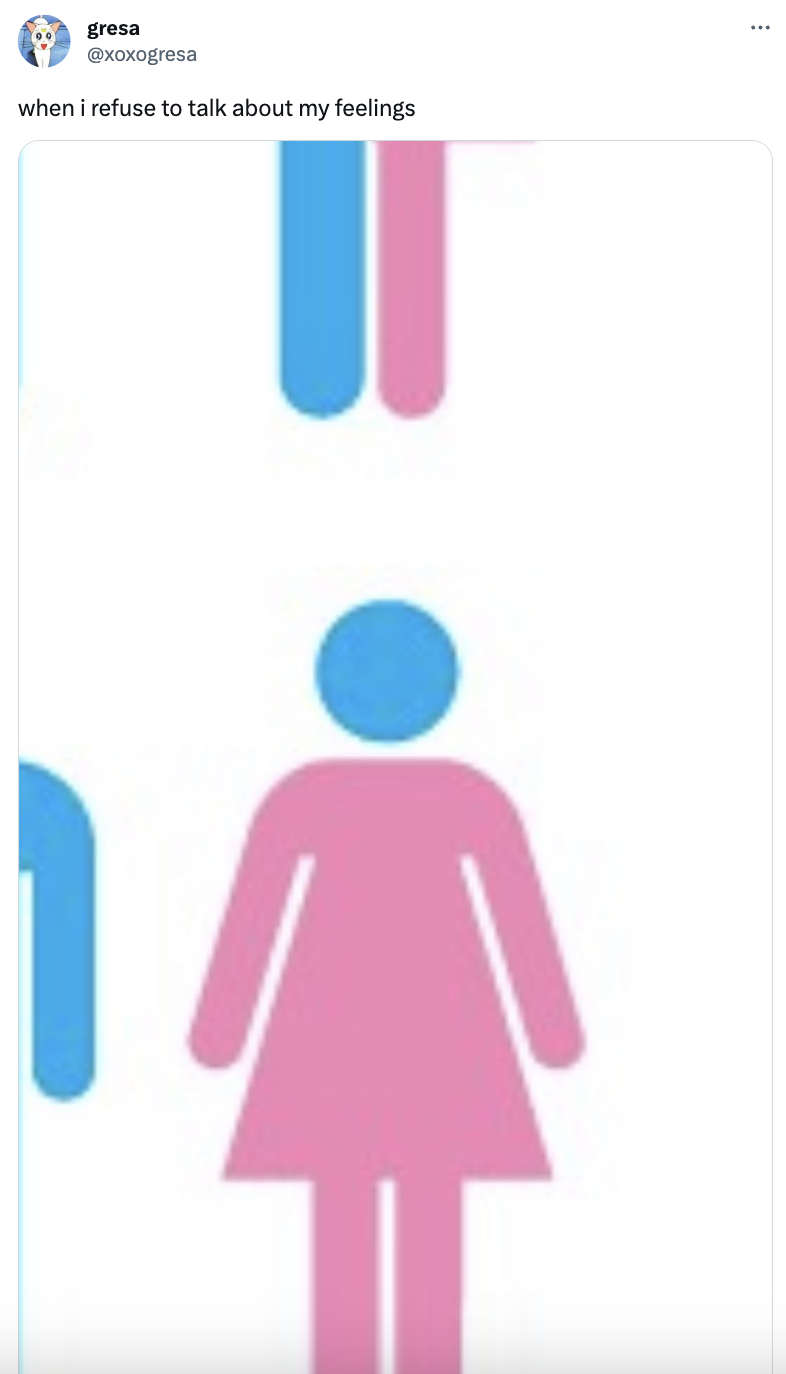 pink female graphic with a blue head: when i refuse to talk about my feelings