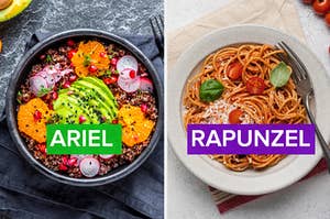 A bowl with avocados, oranges, beets, and quinoa next to a separate image of a plate of spaghetti.
