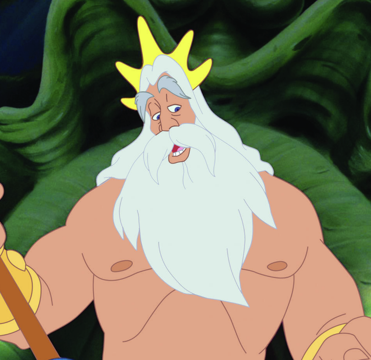 King Triton in his white beard and crown under the ocean