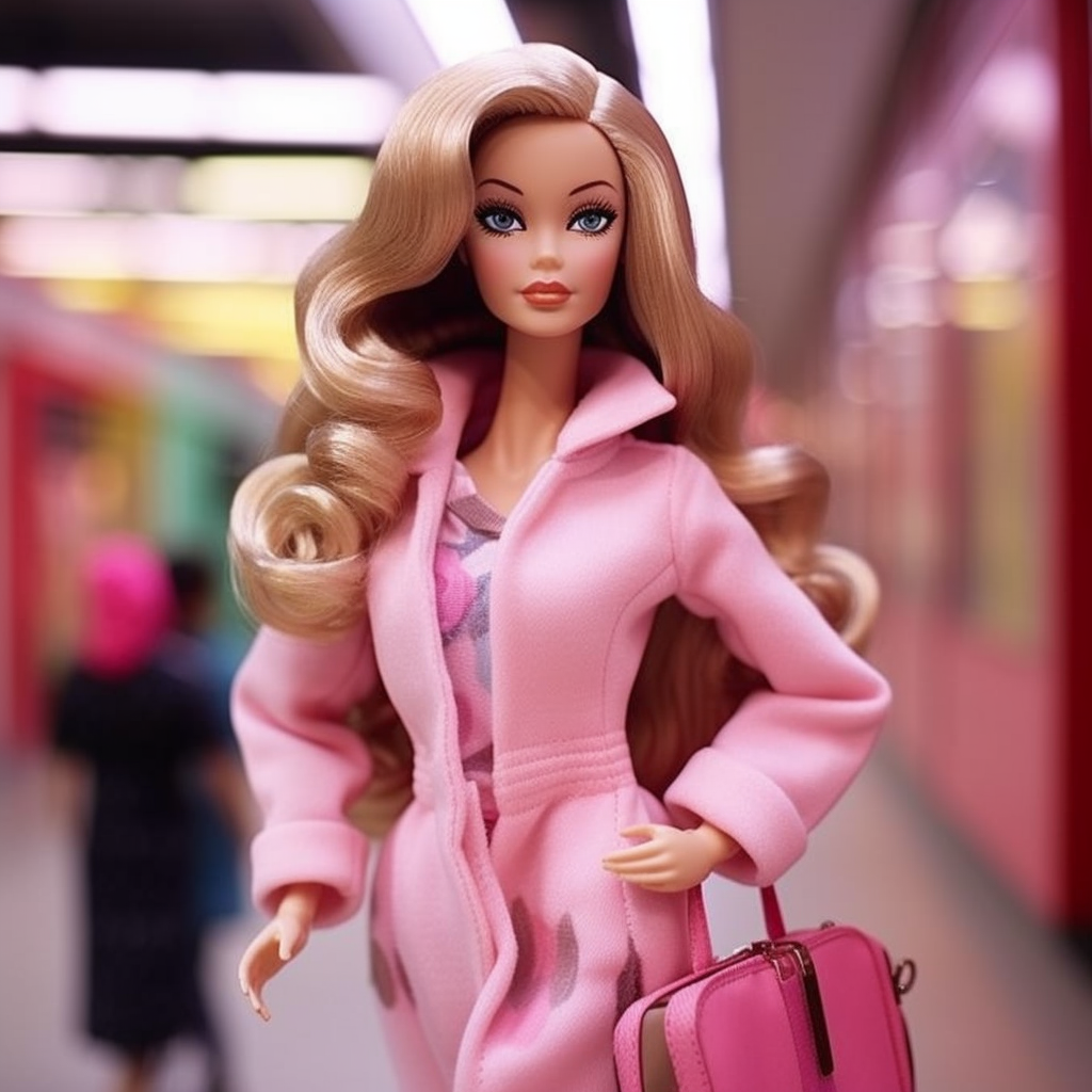 A Barbie doll wearing a chic trench coat holding a bag over one arm in what appears to be a train station