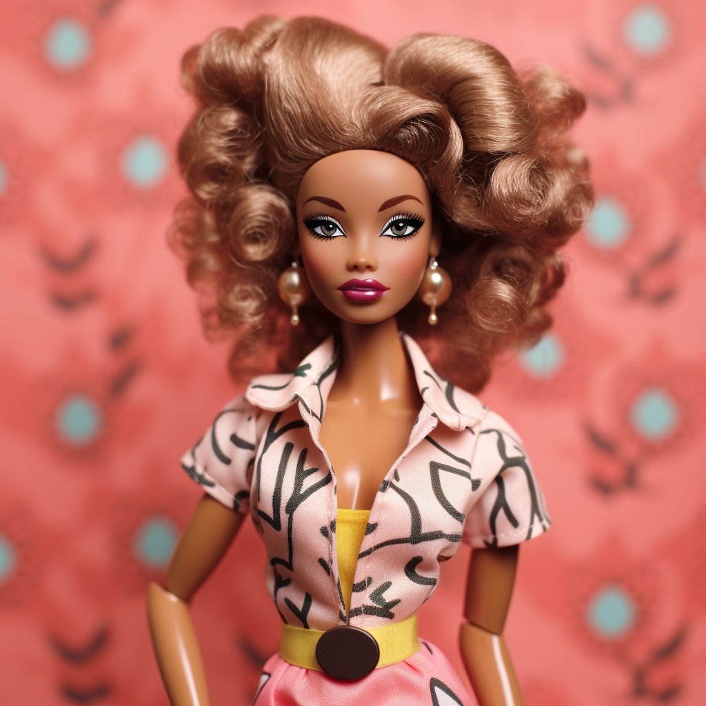 A Barbie wearing dangly earrings, a short-sleeved top with a cami underneath, a belt at the waist, and a skirt