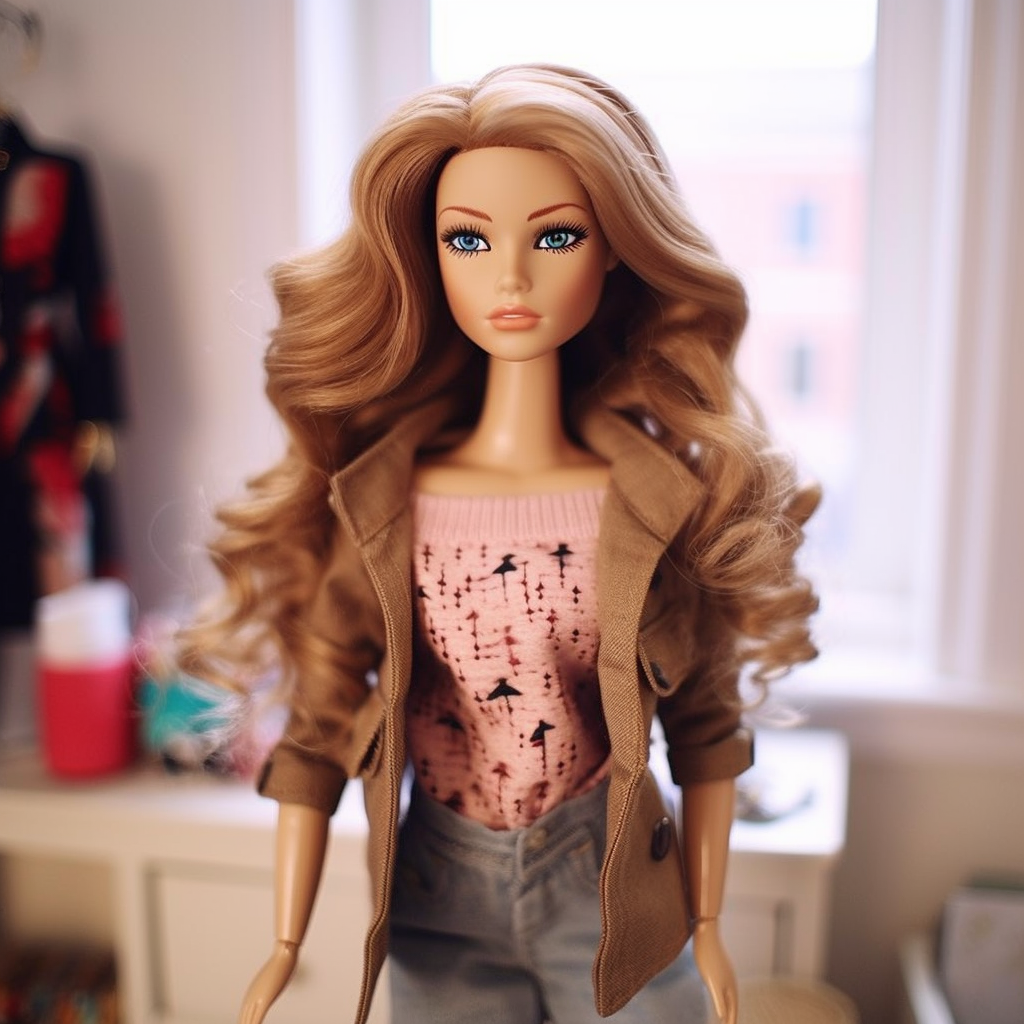 A Barbie wearing a jacket, printed top, and jeans