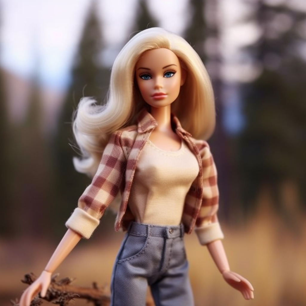 A Barbie standing near some trees wearing jeans, and a plaid shirt over a t-shirt