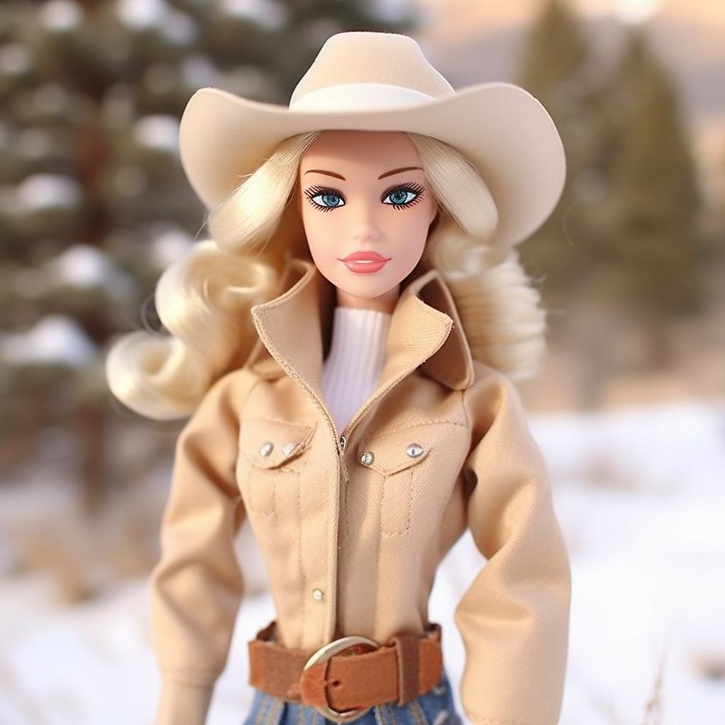 A Barbie wearing a cowboy hat, turtleneck, jacket, jeans, and a belt