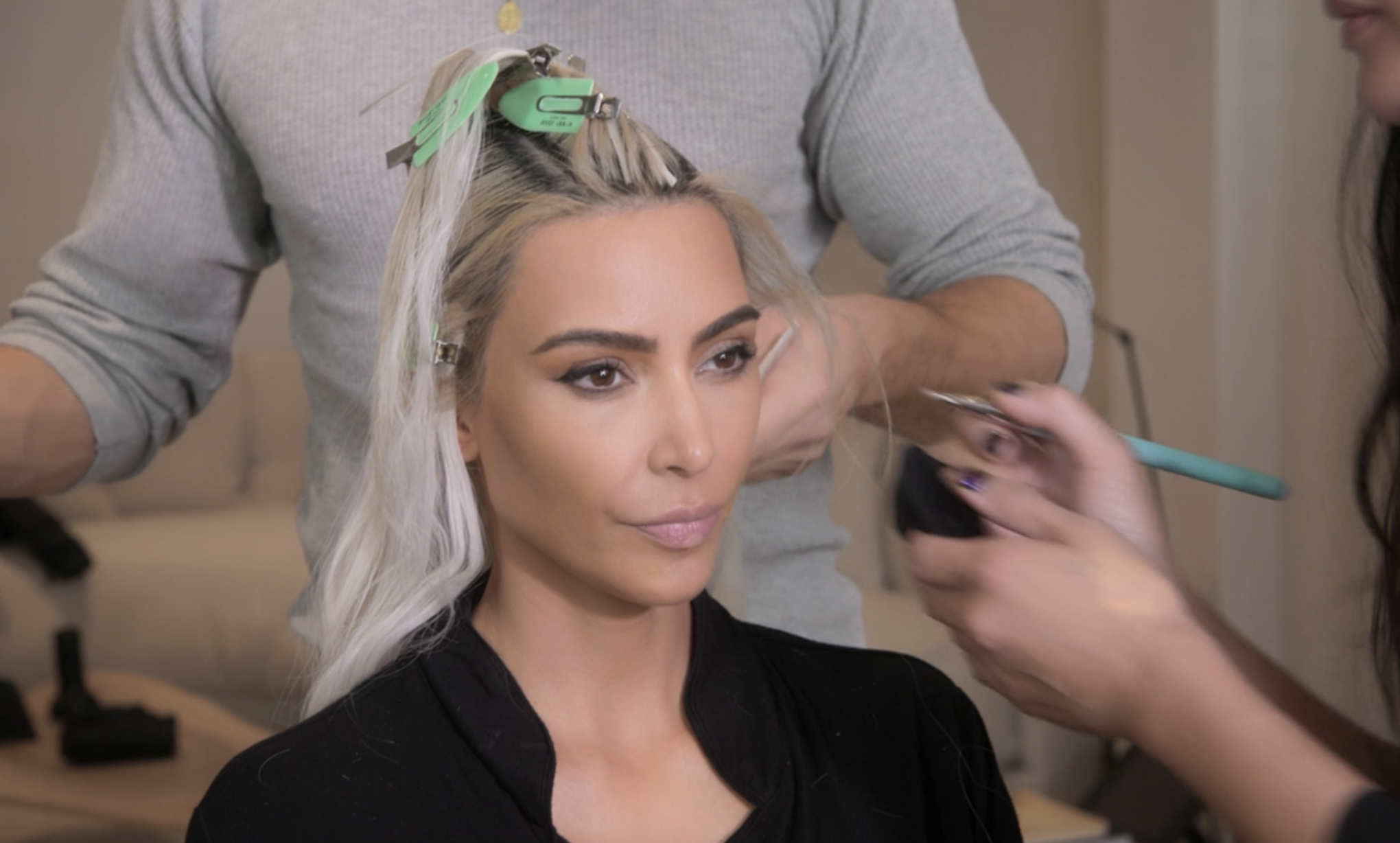Closeup of Kim Kardashian in the makeup chair