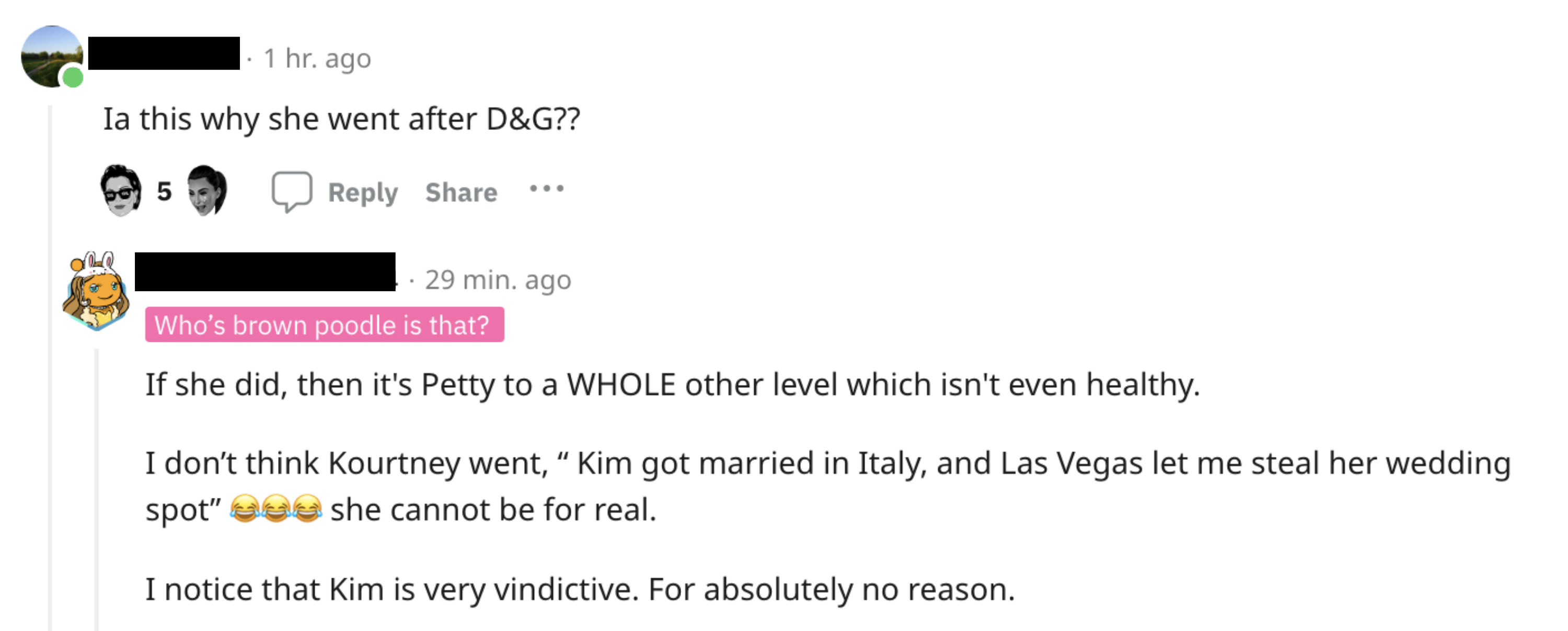 Screenshot of a Reddit comment about the Kardashian feud