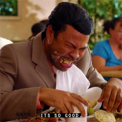 Close-up of Jordan Peele sitting in front of a plate crying, with caption "It's so good"