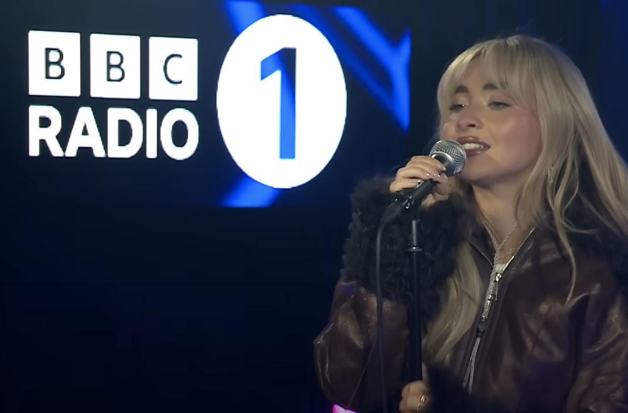 Close-up of Sabrina performing on the BBC show