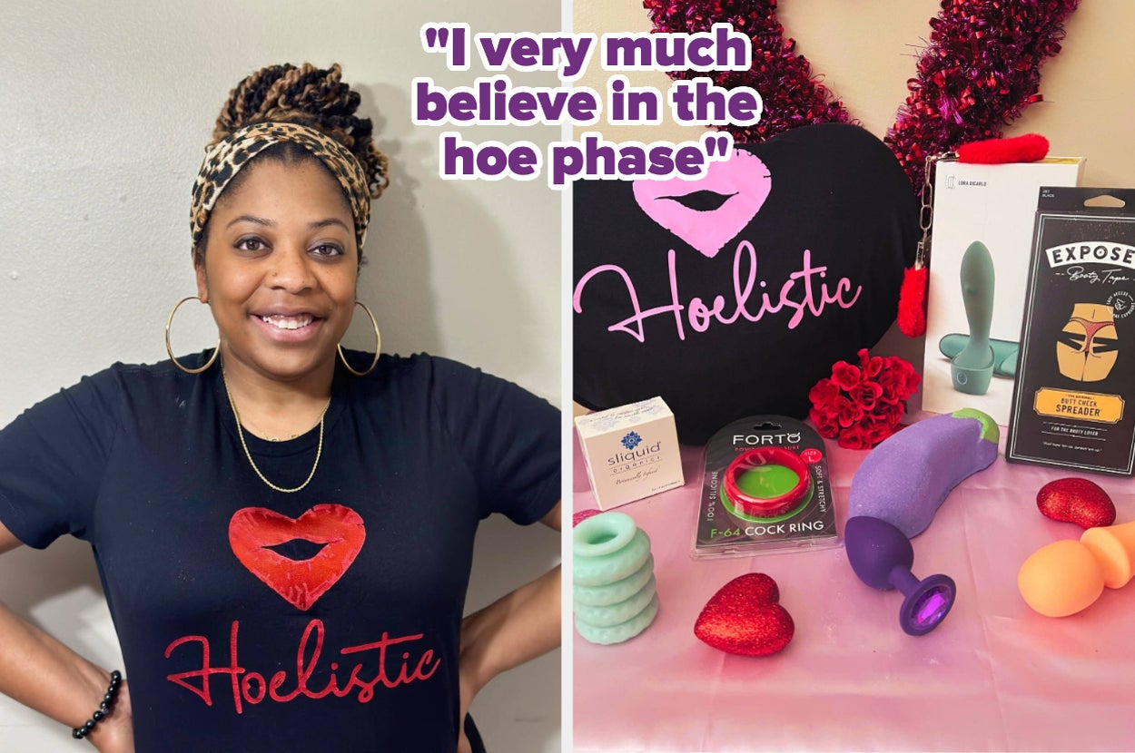 Daya Bryant smiling and table with assortment of sex toys on display