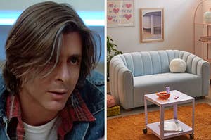 On the left, Bender from The Breakfast Club, and on the right, a living room with art on the walls, wood floors, and a modern couch against the wall