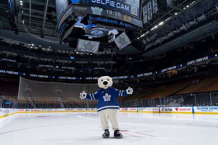 Carlton the Bear, The Toronto Maple Leafs mascot, poses for a photo at the Scotiabank Arena