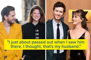 kit harrington and rosie leslie and adam brody and leighton meester caption reads I just about passed out when I saw him there I thought, that's my husband