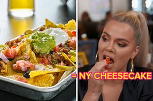 A plate of loaded nachos next to a separate image of khloe kardashian eating something.
