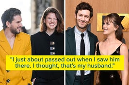 kit harrington and rosie leslie and adam brody and leighton meester caption reads I just about passed out when I saw him there I thought, that's my husband
