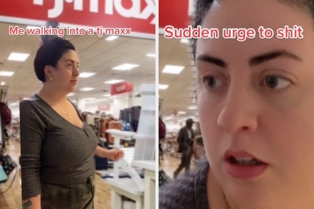 A TikTok of @homewithshelby walking through TJ Maxx with the caption &quot;Me walking into a TJ Maxx&quot; and &quot;Sudden urge to shit&quot;