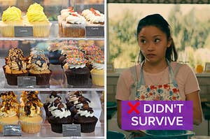 A display case of cupcakes next to a separate image of a girl in an apron with flour on her face