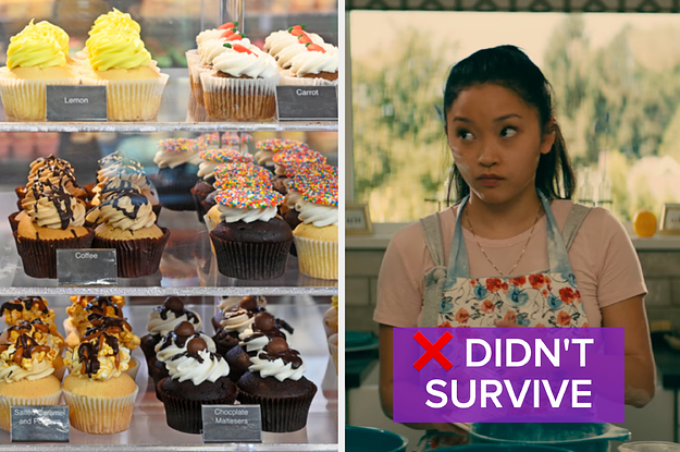 A display case of cupcakes next to a separate image of a girl in an apron with flour on her face