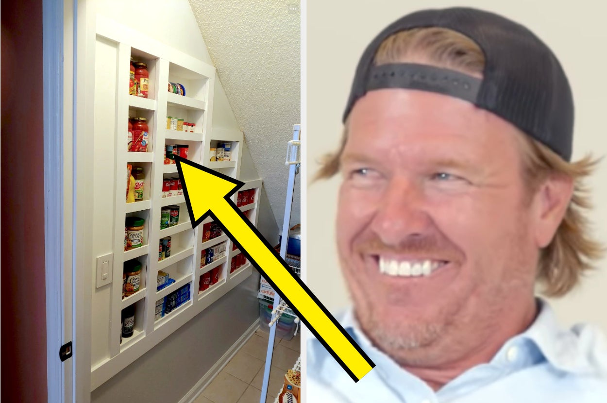 arrow pointing to a pantry in the wall with chip gaines looking excited in reaction