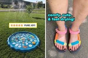 a blue outdoor splash pad and a 5-star review that says "pure joy" / colorful teva sandals
