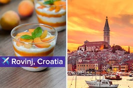 A parfait with oranges, peaches, and mint next to a separate image of boats on the water outside rovinij, croatia.