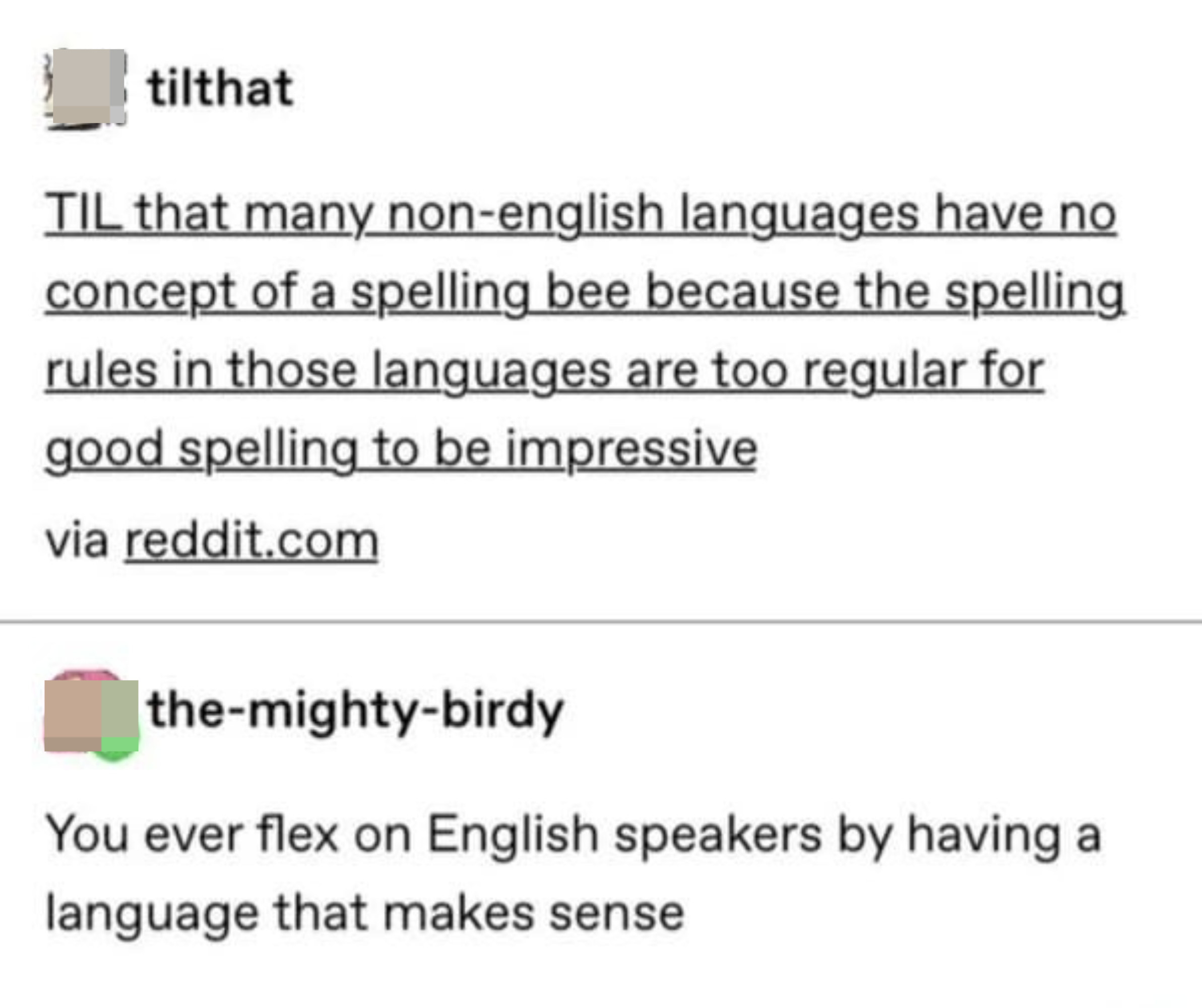 someone saying that many non-english languages don&#x27;t have a spelling bee because the spelling rules in those languages are too regular for good spelling to be impressive