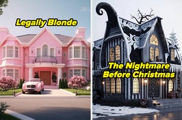 AI-designed houses based on Legally Blonde (the house is all pink) and The Nightmare Before Christmas (the house is very gothic)
