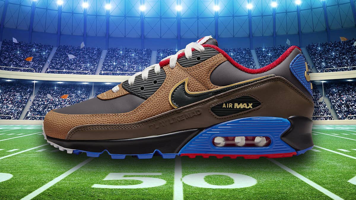 Retro runners feature football-textured uppers and official logos.