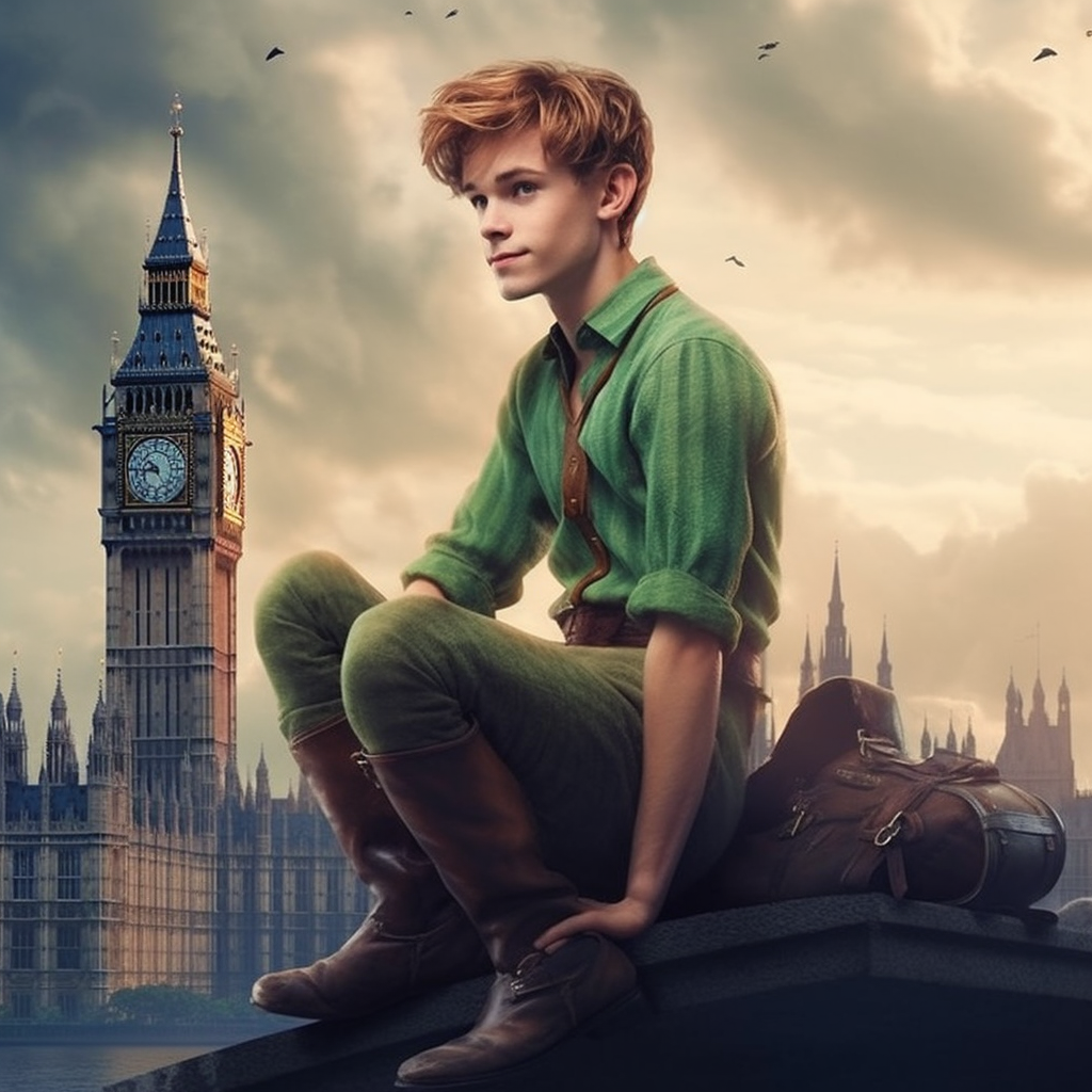 Peter Pan as a human, in green, with Big Ben behind him
