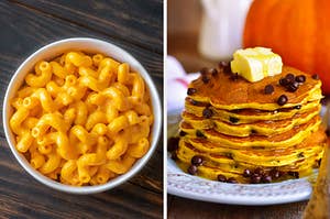 On the left, some mac and cheese in a bowl, and on the right, some chocolate chip pancakes
