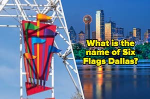 Six Flags logo and Dallas skyline.