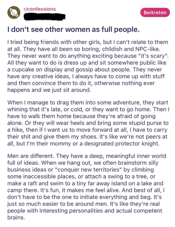 woman writing a whole paragraph about how she doesn&#x27;t like women