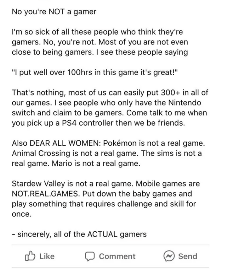 a post claiming other people can&#x27;t be gamers if all they&#x27;re playing is pokemon go