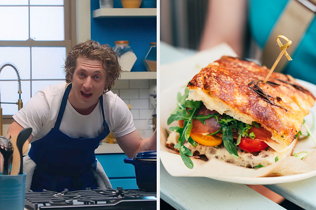 On the left, Carmy from The Bear standing over a stove while wearing an apron, and on the right, a sandwich