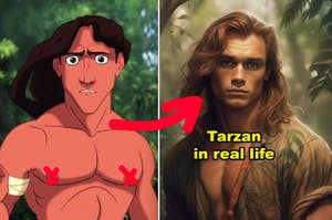 Side-by-side of Tarzan in the animated Disney movie vs. what he's look like in real life
